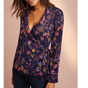 Anthropologie Floreat Parker Sleep Shirt Large Navy Floral Tie Wrap Blouse Top